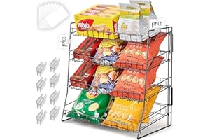 ROSROSE Chip Rack, Candy Display Rack, 4 Tier Metal Shelf Snack Display Rack for Countertop w/8 Display Labels, Home Store Concession Stand Snack Organizer, 15.7*8.6*16in, Black