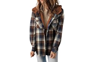 JOAU Women Sherpa Fleece lined Plaid Shirt Shacket with Hood Wool Flannel Button Down Long Sleeve Jacket Tartan Pockets Coat