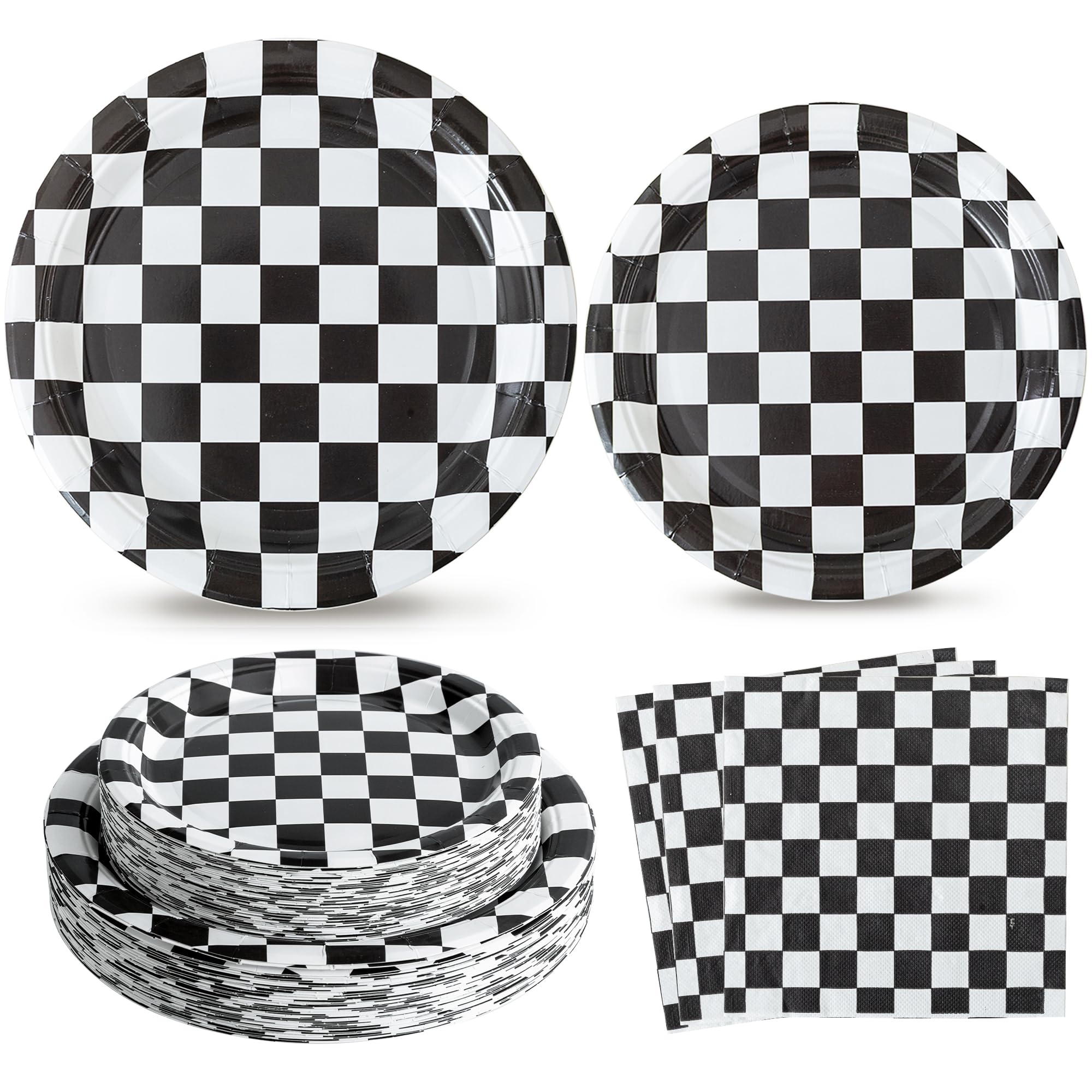 Photo 1 of RVXHUA 150PCS Race Car Birthday Party Decorations - Black and White Checkered Plates and Napkins for 50 Guests, Disposable Tableware Supplies for Birthdays, Game Day, and Racing-Themed Parties