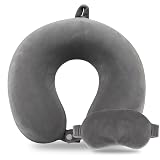 Pure Memory Foam Travel Pillow Set for Adults - Comfortable & Removable Machine Washable Cover, Neck Support Pillow Airplane Travel Kit with Eye Mask for Portable Plane Accessories -Dark Grey