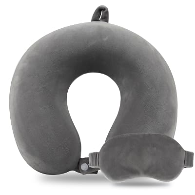 Pure Memory Foam Travel Pillow Set for Adults - Comfortable & Removable Machine Washable Cover, Neck Support Pillow Airplane Travel Kit with Eye Mask for Portable Plane Accessories -Dark Grey
