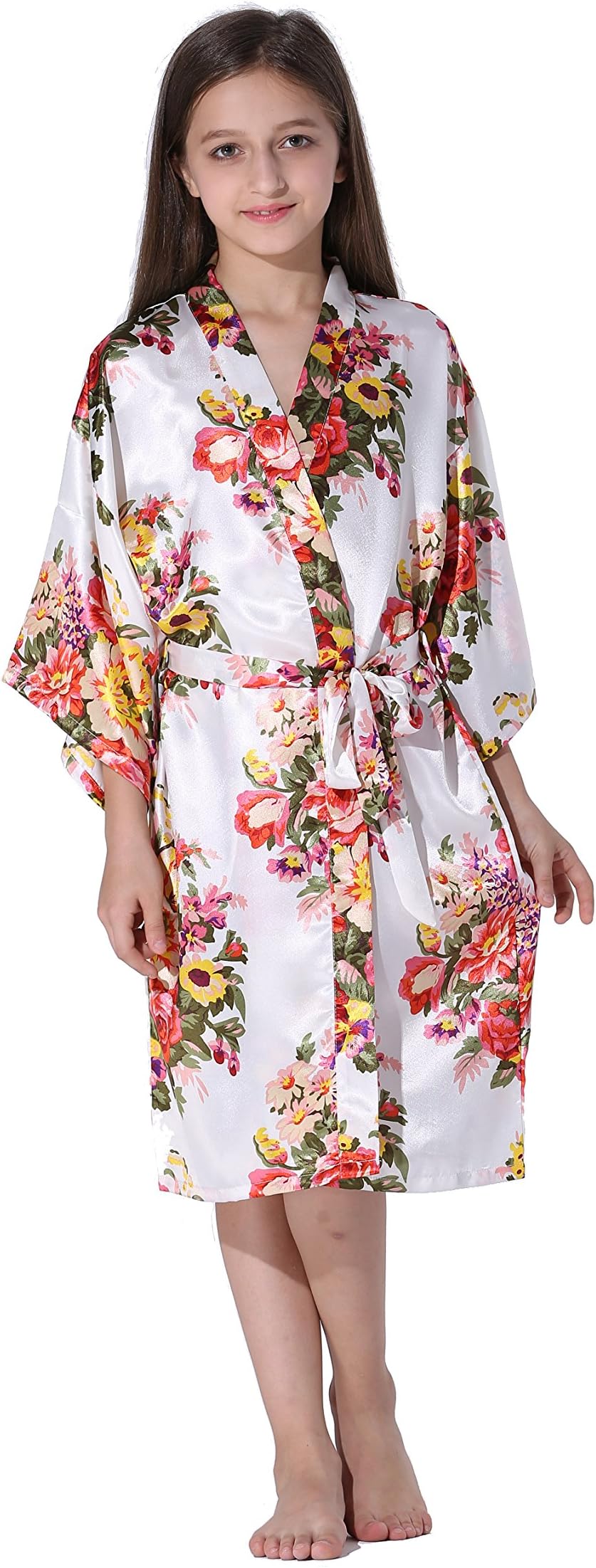 Vogue Forefront Girls' Floral Print Satin Kimono Robe Bathrobe