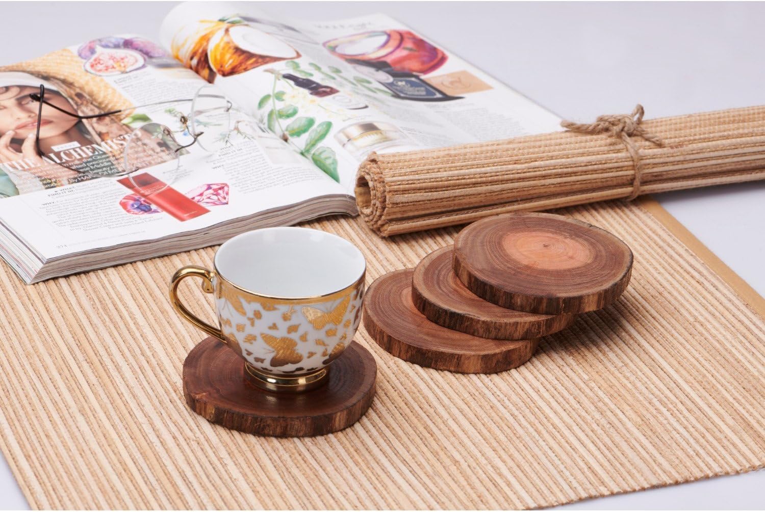 Fireflies Eucalyptus Wooden Coaster Ideal for Tableware Decorations (Pack of 4, Brown, FF-016)