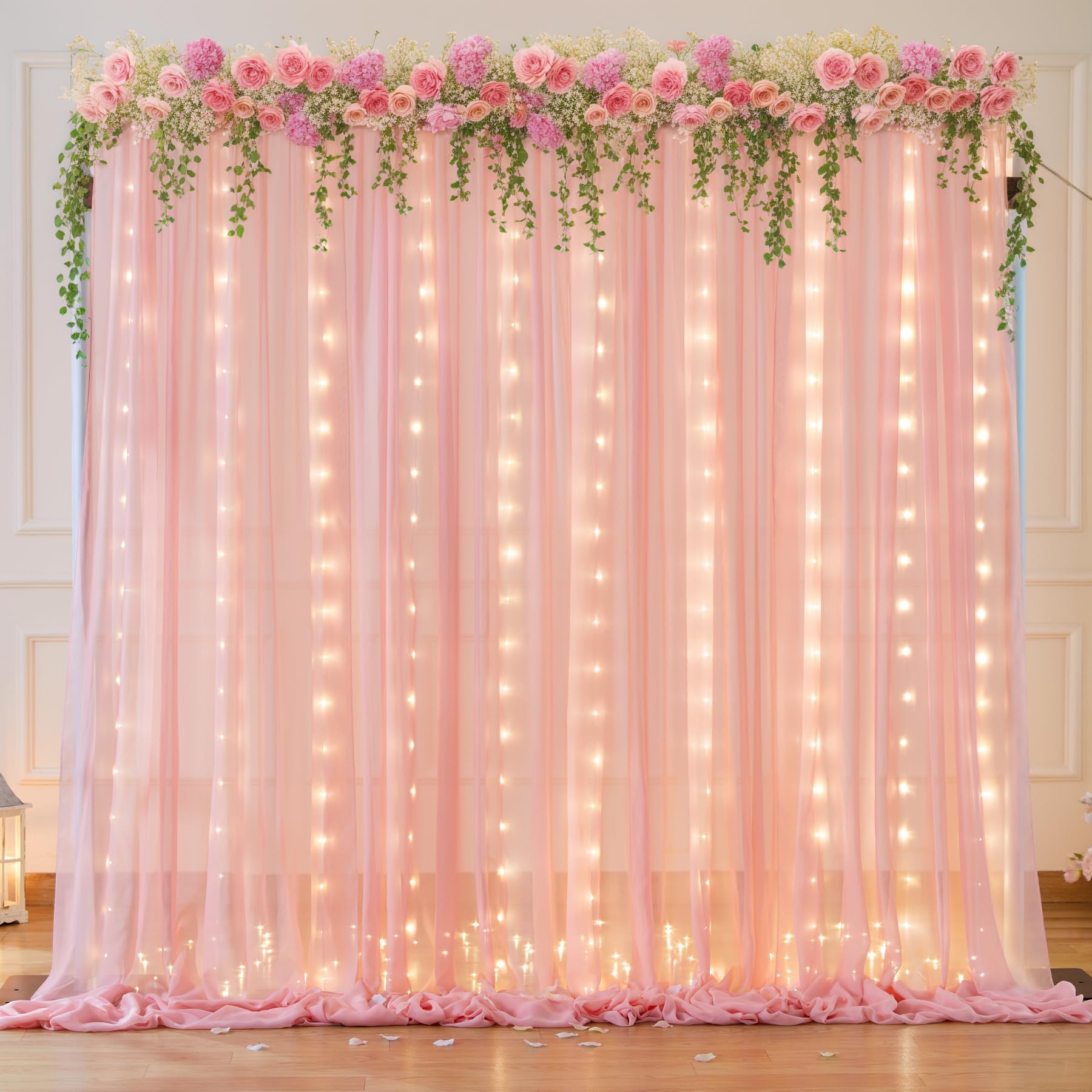 Photo 1 of 10ft x 7ft Baby Pink Chiffon Backdrop Curtain with Lights String for Parites Wedding Wrinkle Free Curtain Photo Backdrops Drapes for Baby Shower Birthday Party Home Decorations