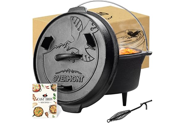 Overmont Camp Dutch Oven Pre Seasoned Cast Iron Lid Also a Skillet Casserole Pot with Lid Lifter for Camping Cooking BBQ Baki