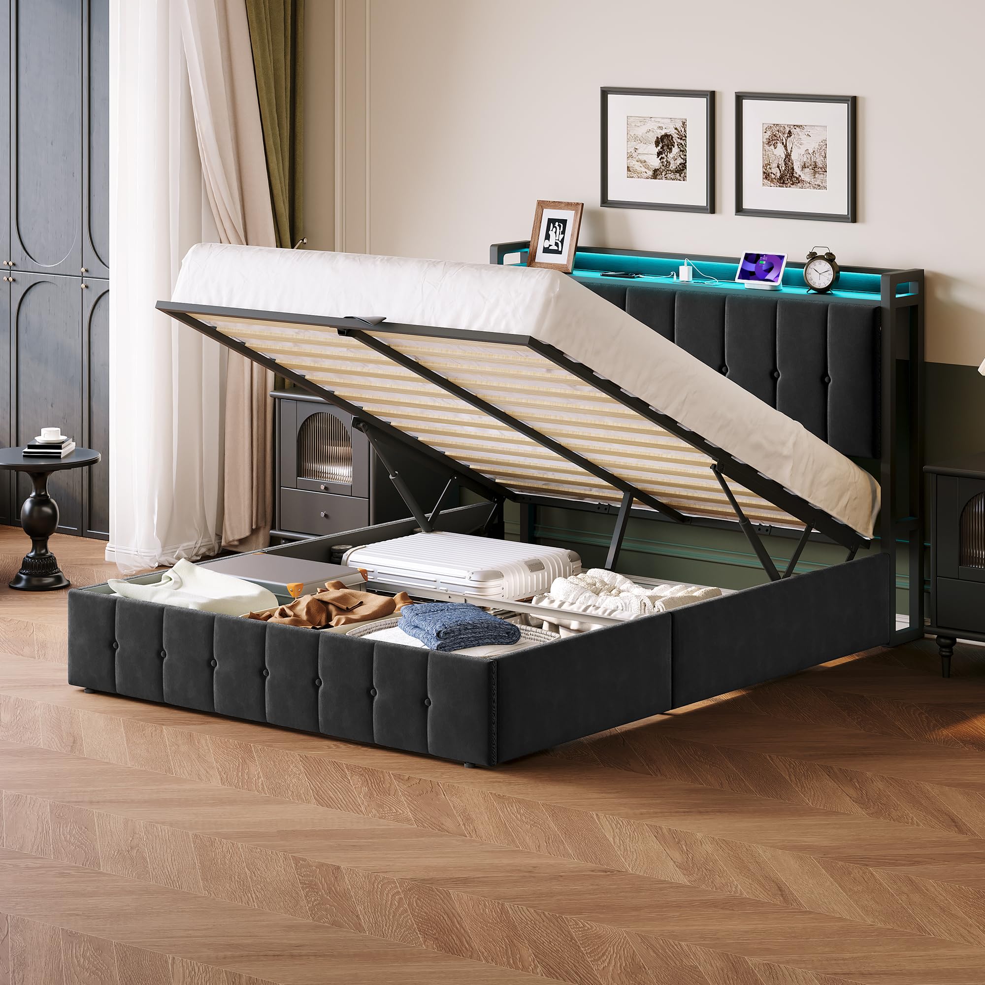 Photo 1 of ***MISSING HARDWARE***IDEALHOUSE Full Bed Frame with Lift Up Storage & LED Lights, Upholstered Velvet Bed with Storage Headboard & Charging Station, Metal Platform Bed, No Box Spring Needed, Solid Wooden Slats, Black