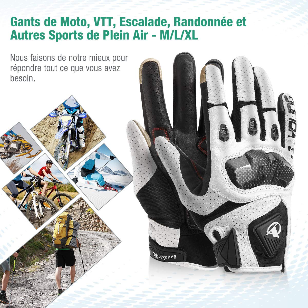 isYoung Gants Cyclisme Doigt Complet Gants Vélo de Bonne Elasticité et Forte Adsorption, Idéal pour Equitation, Randonnée, Escalade, Camping pour Motocross Course VTT (Blanc, L)