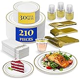 Reli. Plastic Plates for Party | 210 Pieces | White w/Gold Rim | Plates and Napkins Party Supplies | Disposable Dinnerware Set for 30 Guests | Dinner & Dessert Pack, Gold Cutlery Set, Napkins, Cups