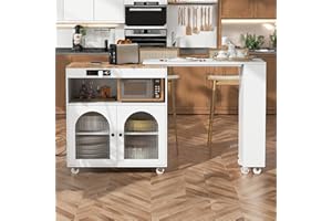 NicBex Rolling Kitchen Island with Extended Table Kitchen Island on Wheels with LED Lights Power Outlets and 2 Fluted Glass Doors with a Storage Compartment and Side 3 Open Shelves, White