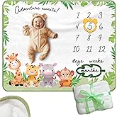 Monthly Baby Milestone Safari – 50"x40" Soft Flannel with Green Border – Baby Monthly Milestone for Newborn Photos – Includes 2 Frames (Lion & Leaf) – Unisex Baby Monthly Milestone Blanket