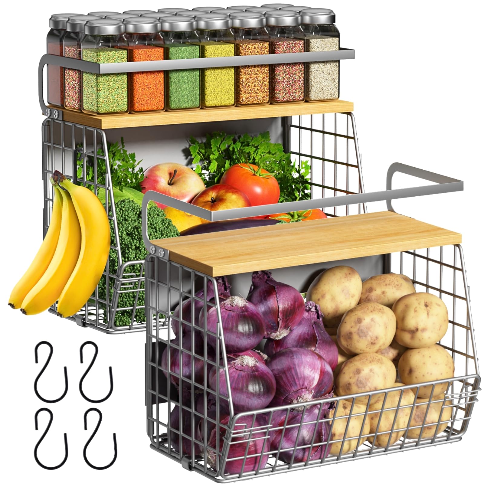 Photo 1 of Ofiray-home Magnetic Fridge Shelf with Wood Lid, Fruit Potato Onion Storage Bins, Pantry Organizers, Large Container Spice Rack for Refrigerator, Kitchen Counter, Cabinet (2, Silver)