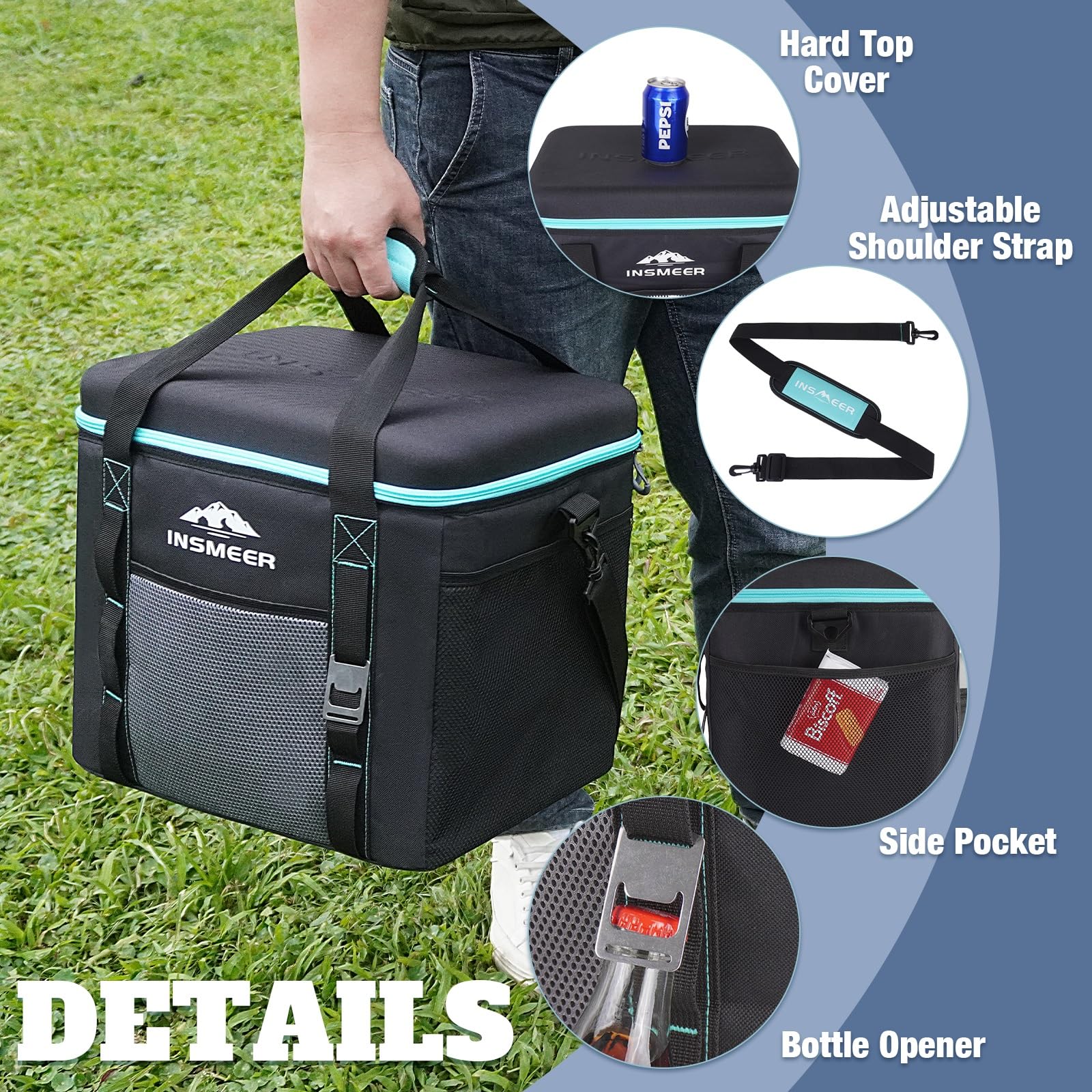INSMEER Kühltasche Groß 40L, 60 Dosen Kühltasche Faltbar mit Hart Eva Dach, Wasserdicht Gross Kühltaschen, Kühlbox, Isoliertasche, Thermotasche für Camping, Picknick, Strand 3