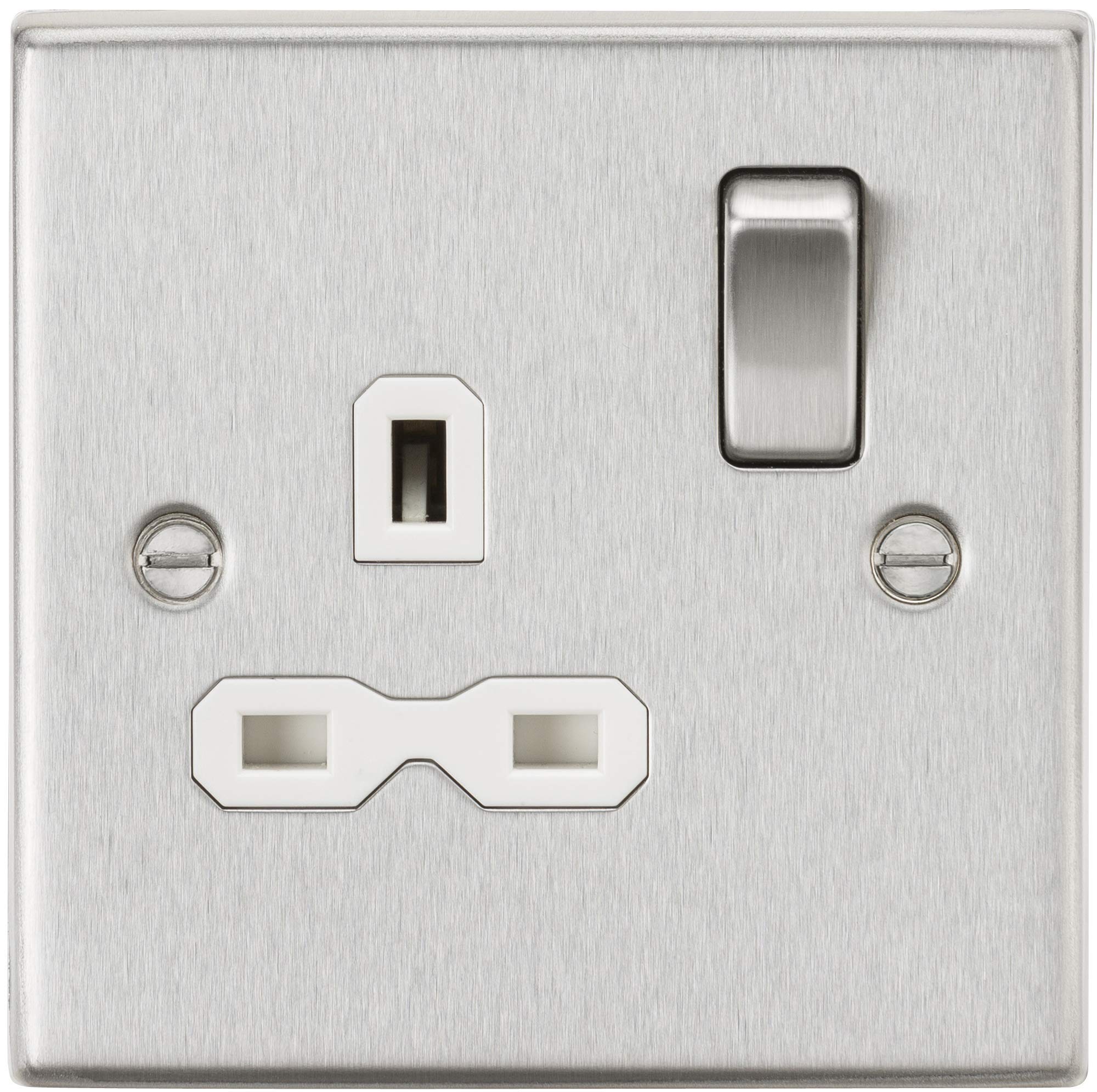 13A 1G DP Switched Socket with White Insert - Square Edge Brushed Chrome
