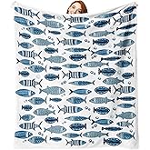 Zzkol Coastal Blue Fish Theme Flannel Throw Blanket, Sea Ocean Birthday Gifts for Adults Kids Men Women, Beach Nautical Soft Blankets for Bedding Sofa 50" x 60"