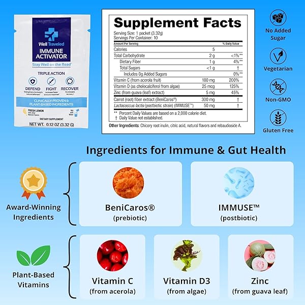 WELL TRAVELED IMMUNE ACTIVATOR, NATURAL DRINK MIX FOR IMMUNE SUPPORT & GUT HEALTH, PREBIOTICS, POSTBIOTICS, VITAMIN C, VITAMIN D, ZINC, NO ADDED SUGAR, SCIENCE BACKED, LEMON FLAVOR, 10 COUNT