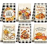 Ganeen 6 Pcs Hello Fall Thanksgiving Hand Towels Set Black and White Checkered Kitchen Dish Towels Vintage Pumpkin Truck Biker Farmhouse Buffalo Plaid Tea Decorations for Home Kitchen Cooking