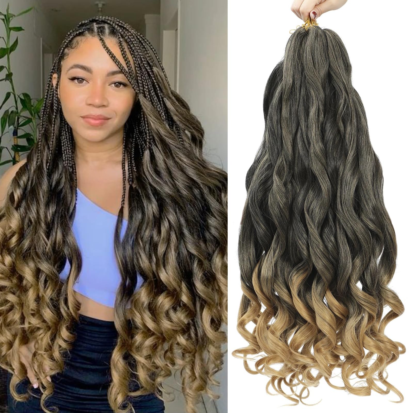 French Curly Braiding Hair 24 Inch 8 Pack Curly Braiding Hair Loose Wavy Spiral Curl Braids Hair Extension Pre Stretched for Black Women Hair Extensions(1B/27,24inch)