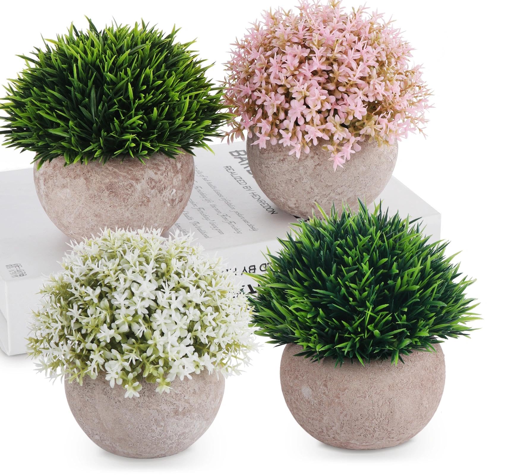 ilauke Artificial Plants Indoor in Pot, 4PCS Small Fake Plants Indoor Small, Plastic Faux Plant Round Potted for Office Desk Bedroom Kitchen Bathroom Home Decoration