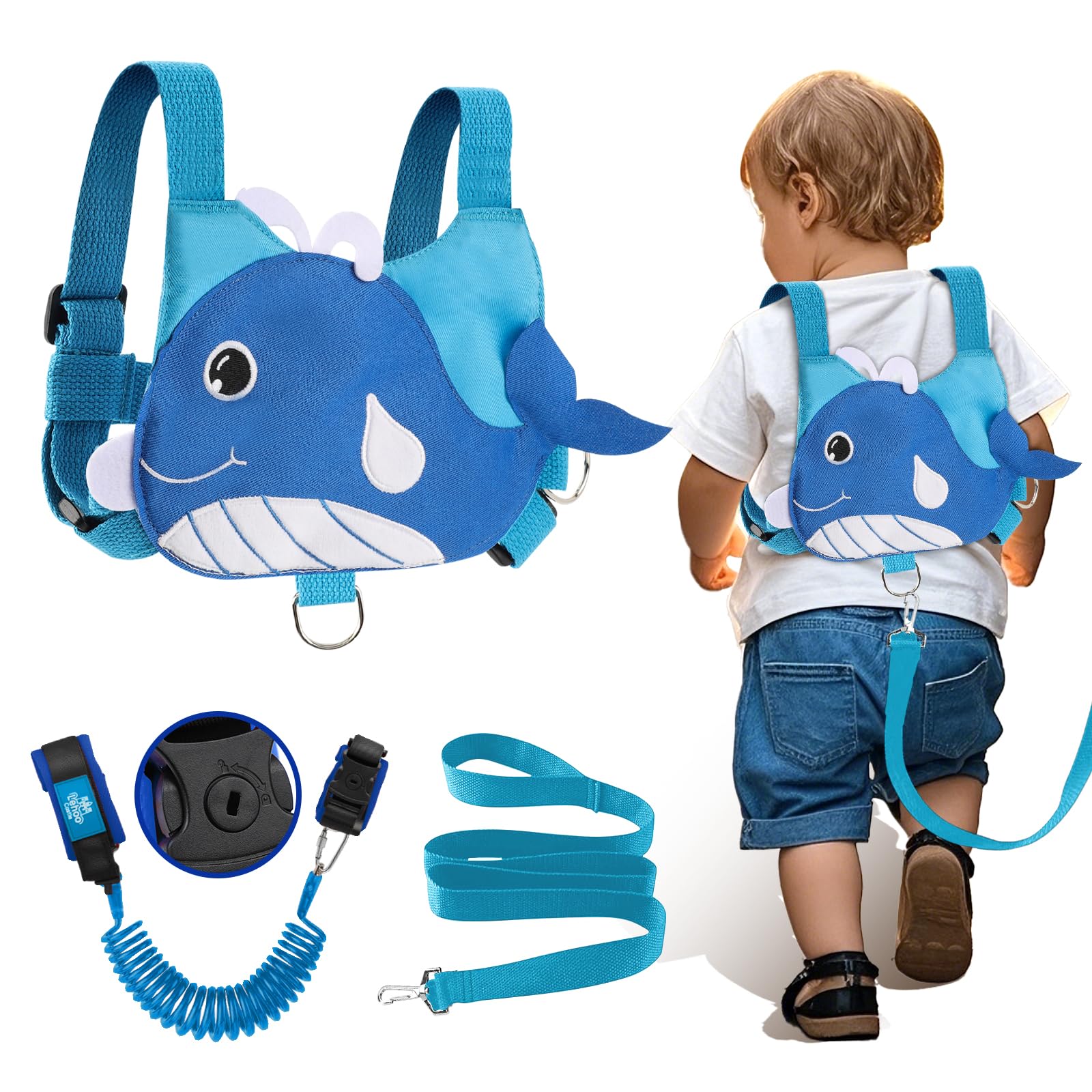 Lehoo Castle Baby Reins, 4 in 1 Toddler Reins for Walking 1-3 Years with Anti Lost Wrist Link, Reins for Toddlers Boys Girls with Safety Harness - Whale Blue
