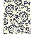 JiffDiff Peel and Stick Wallpaper Floral Wallpaper Blue Wallpaper Vintage17.3 x 243" Damask Flower Wallpaper Vinyl Waterproof Wallpaper Cream Blue Contact Paper for Bedroom