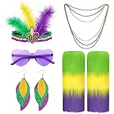 BOARDFEB 7 Pcs Accessories for Women,A pair of Furry Leg Covers and Dangle Earrings,Carnival Feather Headband,Beads Necklaces,Glasses for Party Costume Outfit Set