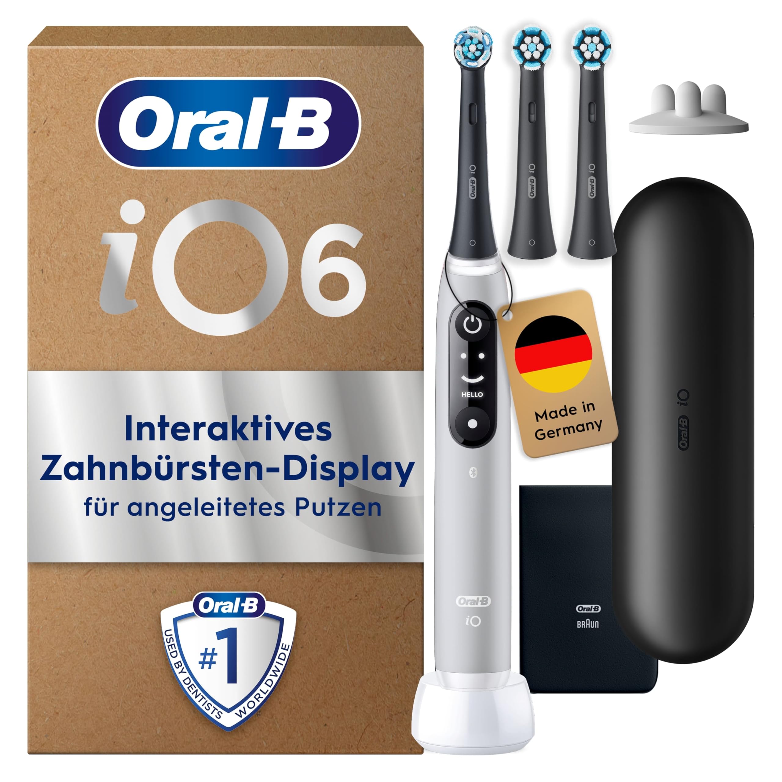 Oral-B iO Series 6 Plus Sensitive Edition Elektrische Zahnbürste — Electric Toothbrush, Inkl. 3 Aufsteckbürsten und Reise-Etui — 5 Putzmodi für Zahnpflege, Designed by Braun, Grau