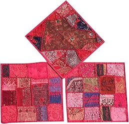 3 Decorative Indian Throw Pillow Cases Pink Ethnic Patchwork Cushion Covers 16 x 16