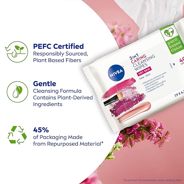 NIVEA 3IN1 CARING CLEANSING WIPES FOR FACE AND EYES, EFFECTIVE AS A WATERPROOF MAKEUP REMOVER, GENTLE FACIAL CLEANSER FOR DRY AND SENSITIVE SKIN, 40 CT