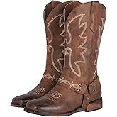 SheSole Women's Buckle Strap Wide Calf Cowboy Boots Square Toe Western Cowgirl Boots