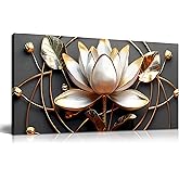 ENTANUB Lotus Flower Wall Art for Bedroom, Floral Canvas Wall Decor for Living Room, Black White and Gold Picture Print, Size 40 x 20 Inches
