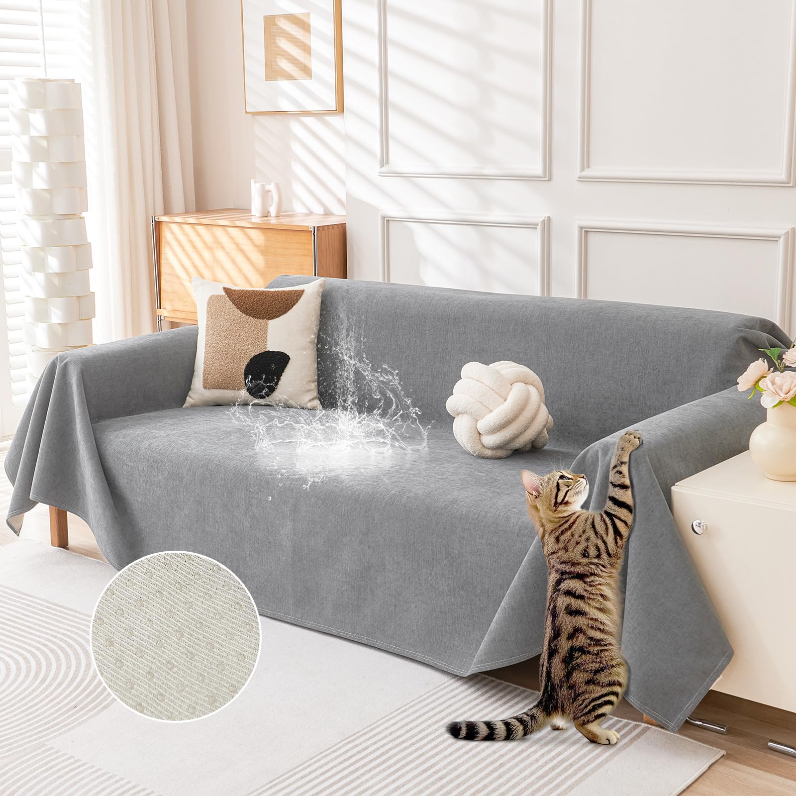 Photo 1 of Deep Dream Cat-Scratch Resistant Couch Cover, Waterproof Sofa Cover for 3 Cushion Couch Washable,Pet Friendly Couch Protectors Anti Slip Thickened Love Seat Slipcovers for Dogs, 71" x 118",Light Grey
