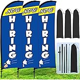 Buryeah 3 Set Now Hiring Feather Flag Kit 7 x 5.4 ft Now Hiring Advertising Banner Feather Flag with Pole Ground Spike and Portable Bag Now Hiring Sign for Estate Flags Business Promotion(Blue)