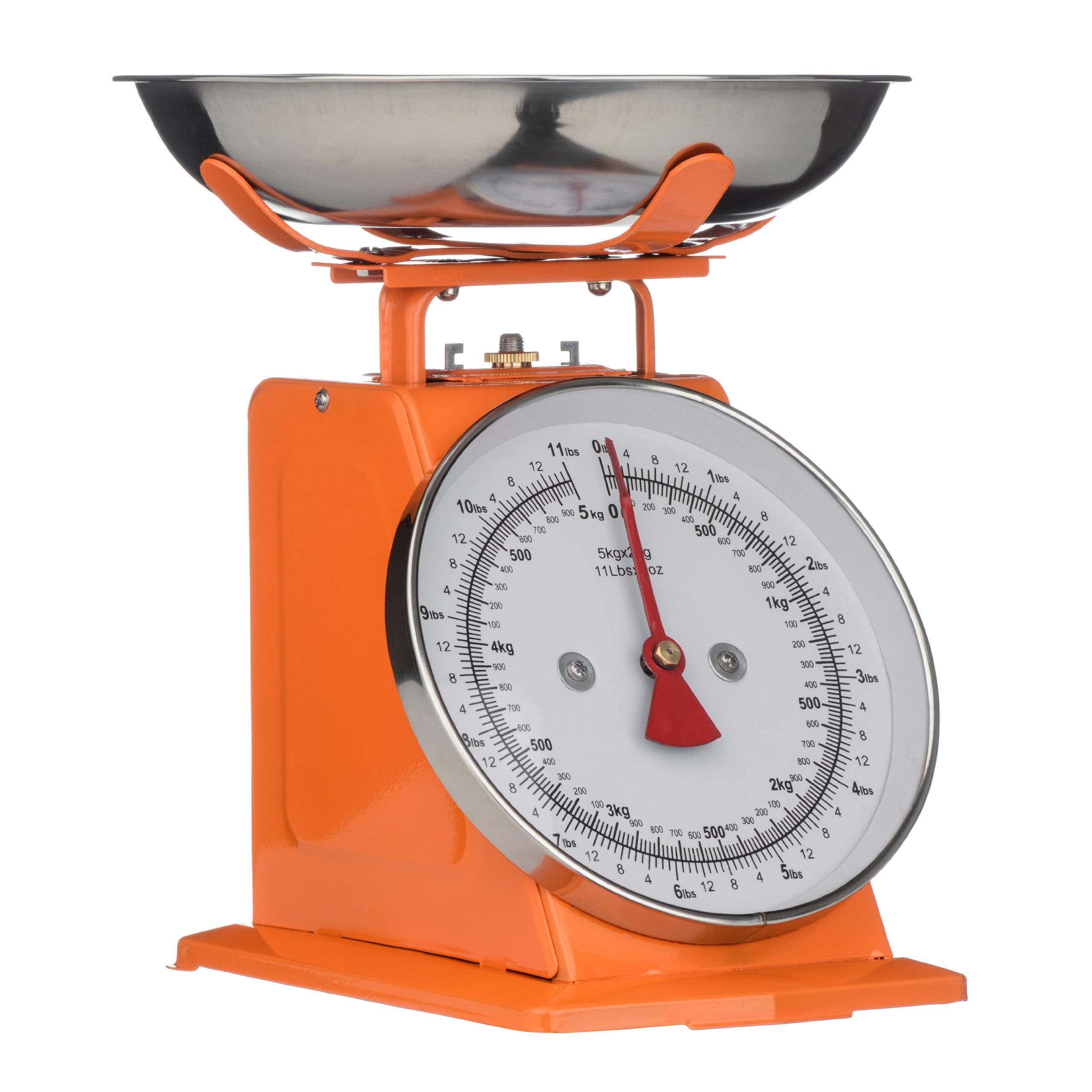 Premier Housewares Retro Kitchen Scales with Bowl Stainless Steel Food Cooking Scales 5kg Food Scales Weighing Kitchen Scale Bowl, Orange, H26 x W22 x D21cm