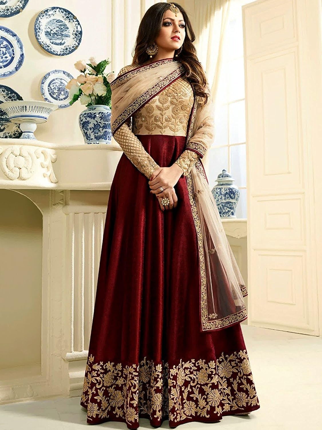 khileshwai fashion women's's maroon bangalory silk embroidered anarkali suit for (kr26)