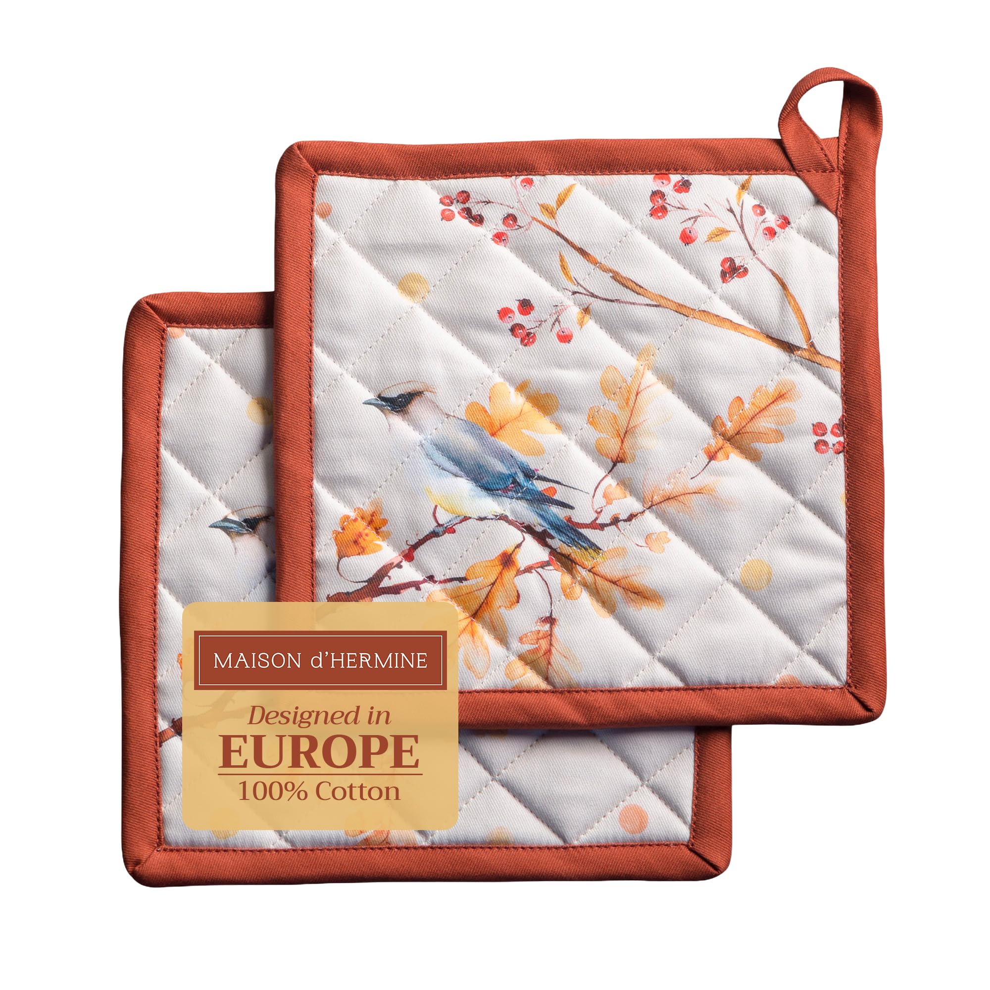 Maison d' Hermine Pot Holders Set 100% Cotton Heat Resistant Potholders 20 cm x 20 cm Hot Pads with Loop for Christmas Decorations BBQ Cooking Baking Handling Hot Pans (Pack of 2, Oak Leaves)