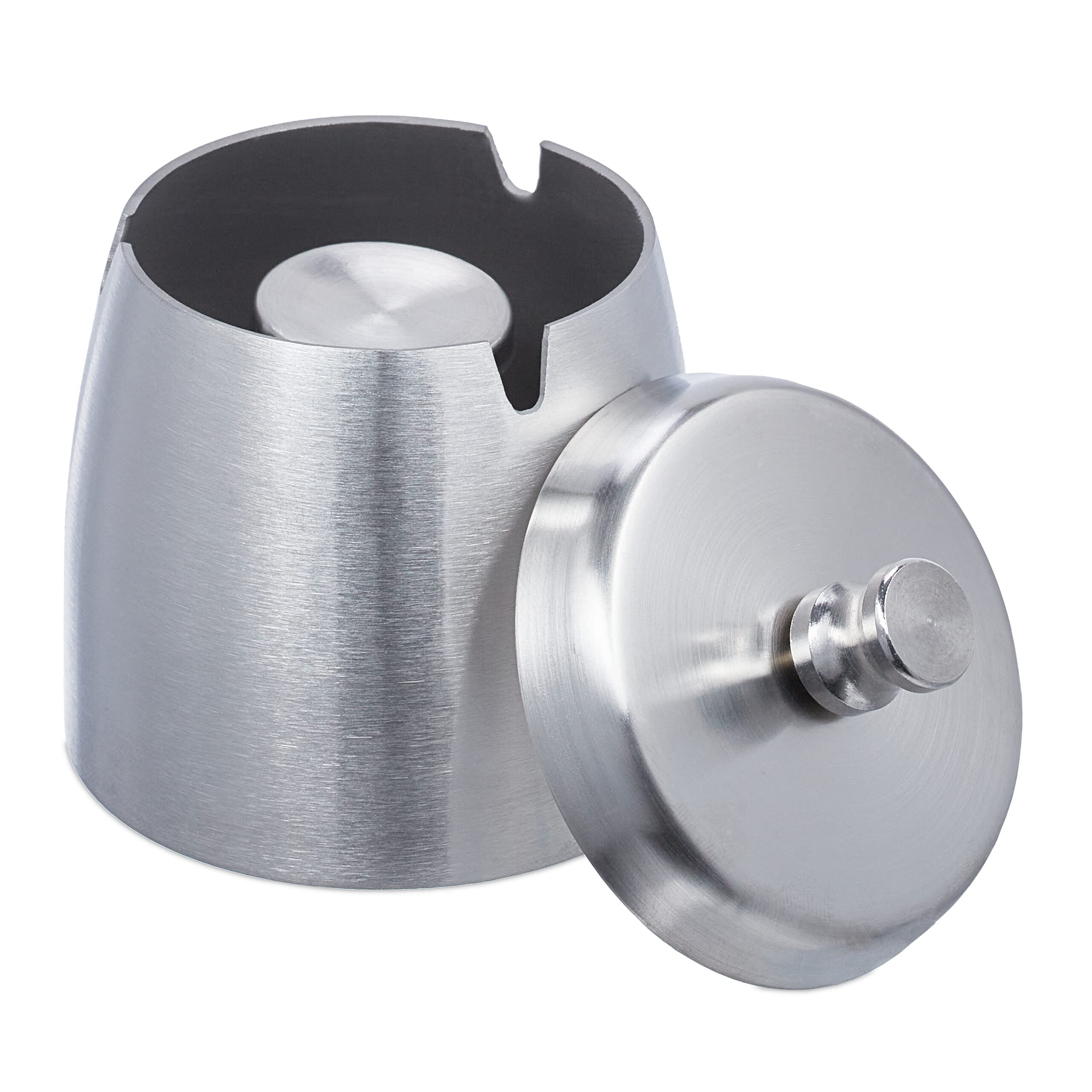 Relaxdays Ashtray with Lid, Stainless Steel, Outside and Inside, HxD 9 x 7.5 cm, Garden, Balcony, Windproof, Silver