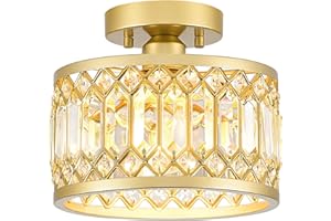 YURNYQ Crystal Ceiling Light Fixture, Modern Semi Flush Mount Ceiling Light, Gold Lighting Fixtures Ceiling Lamp for Hallway, Kitchen, Entryway, Bedroom, Laundry Room, 9.05 Inch