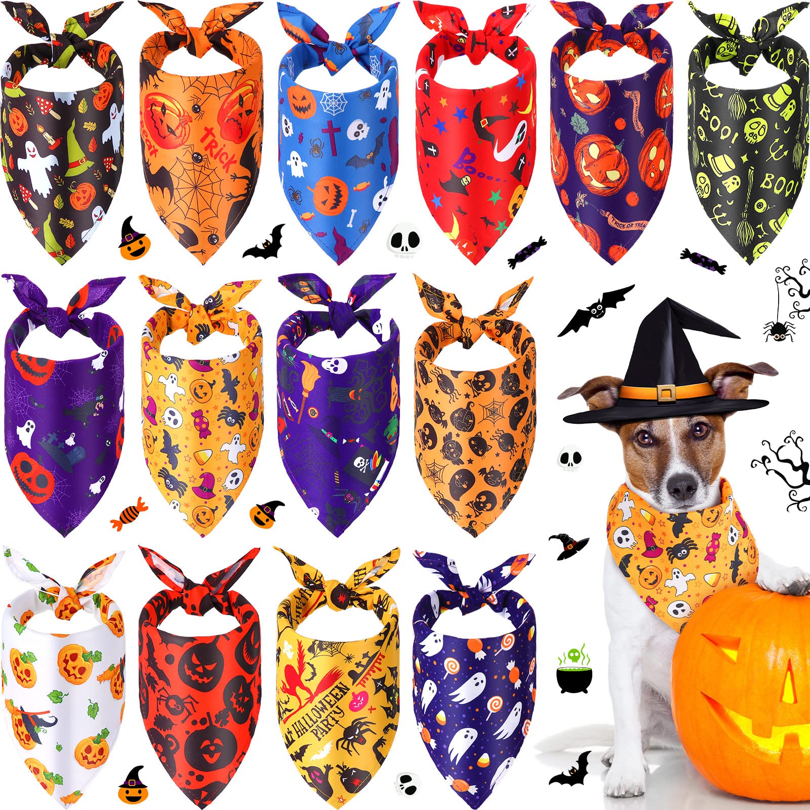 Xuniea 14 Pcs Halloween Dog Bandanas Honor Pattern Bib Scarf Handkerchief for Small Medium Large Dogs Pets Accessories Halloween Party Costume