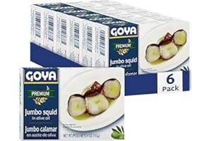 Goya Premium Jumbo Squid Octopus Style in Olive Oil, 4 oz Cans (Pack of 6), Mediterranean-Style Seafood, Ready-to-Eat Tinned Squid for Tapas, Pasta, or Rice