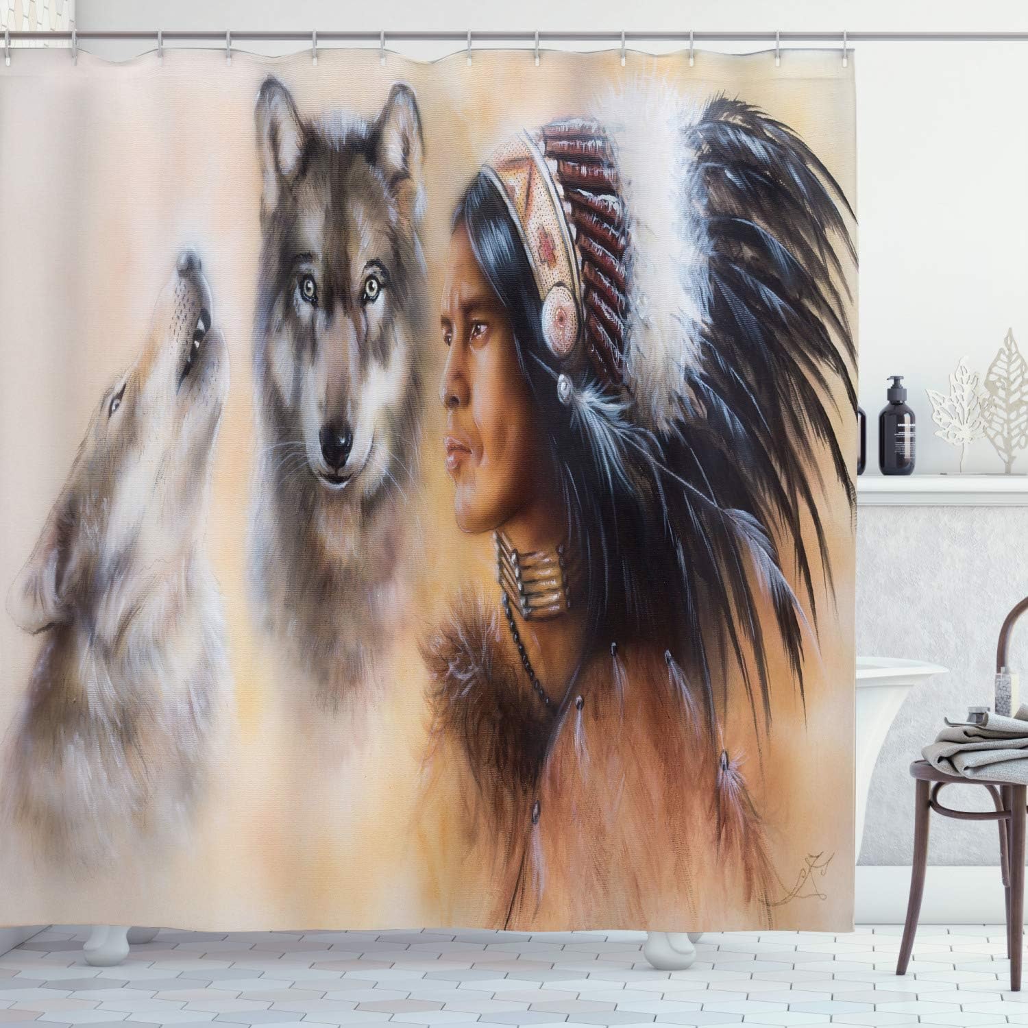 Ambesonne Colorful Shower Curtain, Blur Mystic Painting of Young Native Man Feather with Wolves, Cloth Fabric Bathroom Decor Set with Hooks, 70