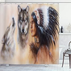Ambesonne Colorful Shower Curtain, Blur Mystic Painting of Young Native Man Feather with Wolves, Cloth Fabric Bathroom Decor Set with Hooks, 70