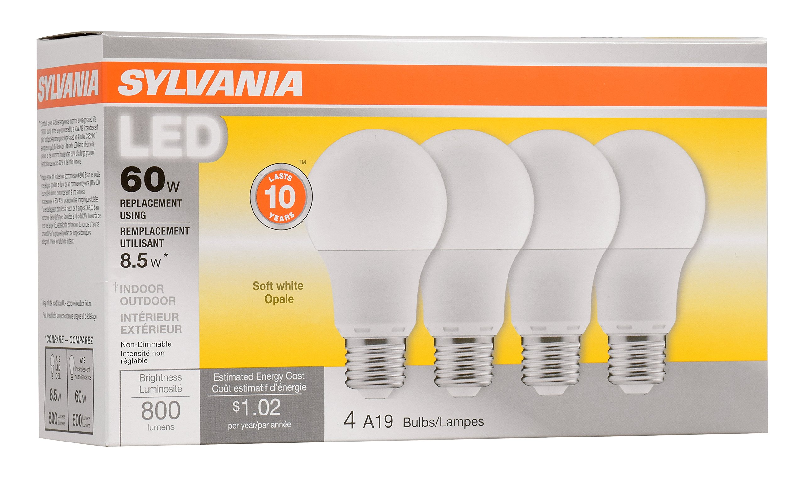 SYLVANIA, 60W Equivalent, LED Light Bulb, A19 Lamp, 4 Pack, Soft White