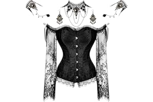 Haysandy Halloween Women Gothic Punk Vampire Accessories Corset Tops with Sleeve Corset Lace Choker Necklace Bracelet Earring
