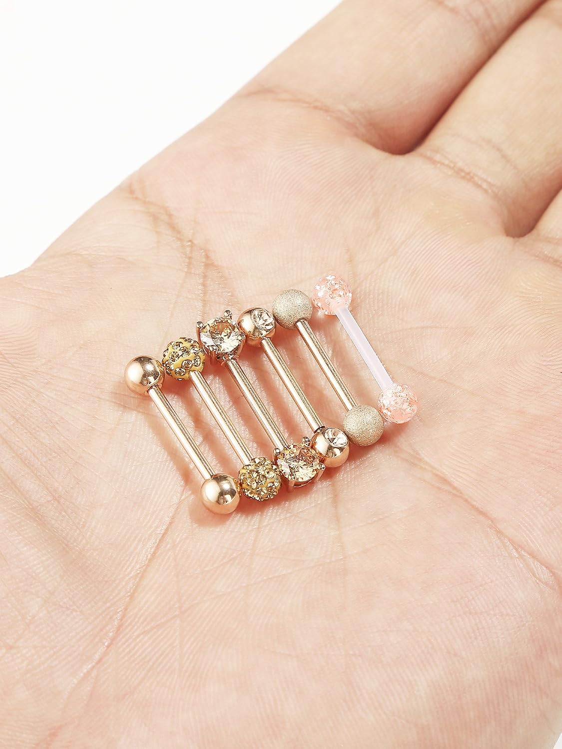 6 works Nipple Tongue Ring Stainless Steel Barbell Rings Cubic Zirconia Nipplerings Body Piercing Jewelry, 14 Gauge (Rose Gold) - Image 5
