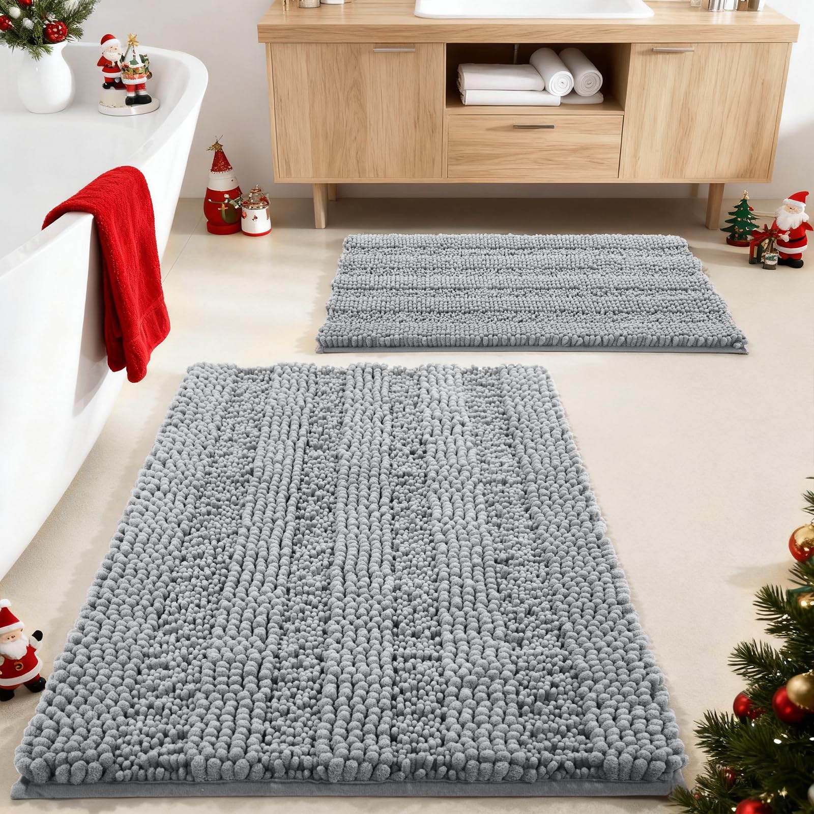 Photo 1 of **MINOR DAMAGE - USED**
Yimobra Bathroom Rug Set 2 Piece, Soft Absorbent Chenille Bath Mat Set, Non Slip Machine Washable Quick Dry, Plush Shower Rugs for Bathroom Floor Sink Tub and Shower Outside, 32"x20"+24"x17", Gray