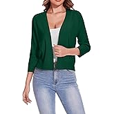 Women's 3/4 Sleeve Open Front Cropped Cardigan Solid Shrugs Lightweight Knit Sweater