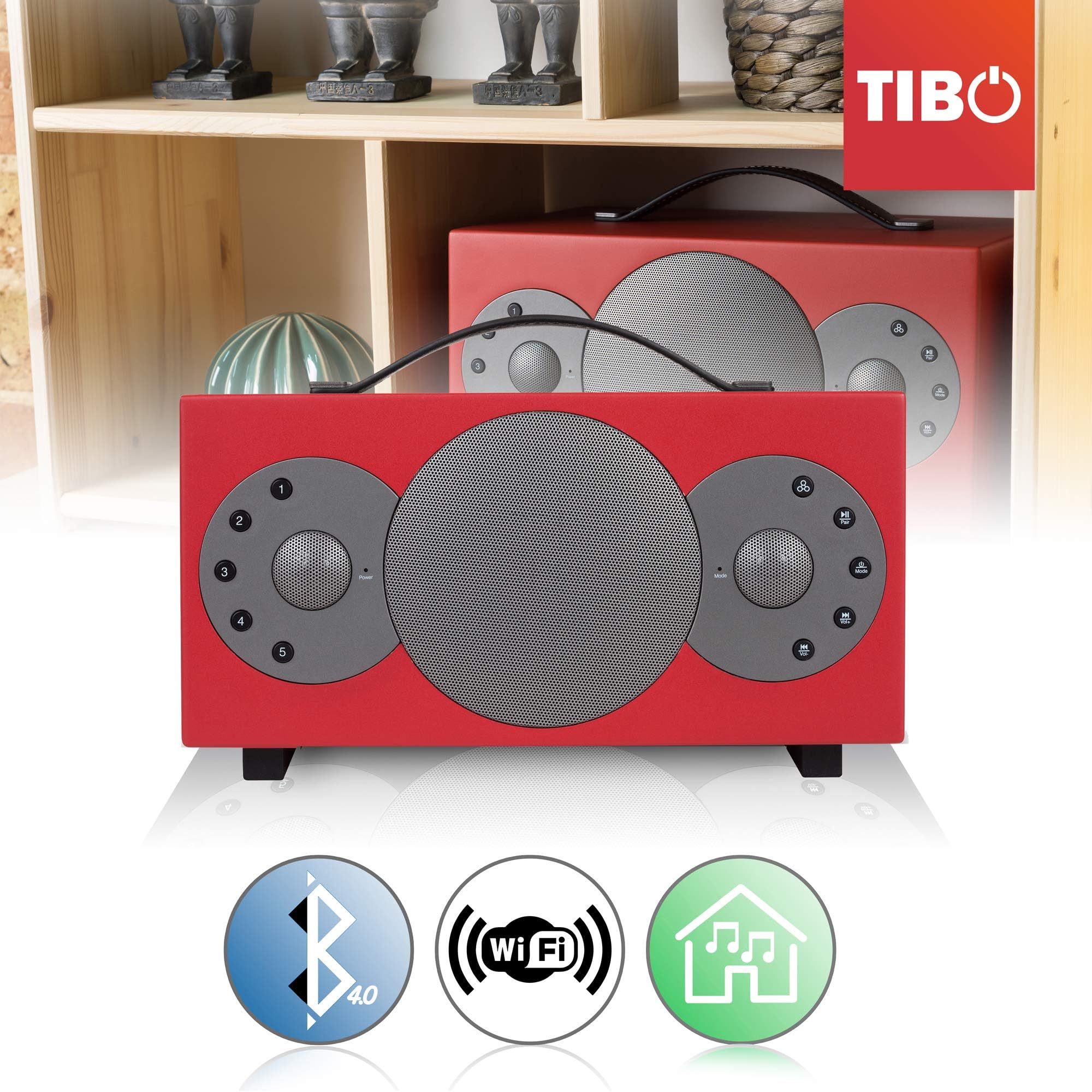 TIBO Sphere 2 | Portable Wi-Fi & Bluetooth Speaker | Multi Room Battery Powered Hi-Fi Speaker with Internet Radio for Home or Outdoor Use | Minimum 8 Hours Playback Time | Red