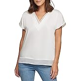 DKNY Womens Short Sleeve V-Neck Woven Top