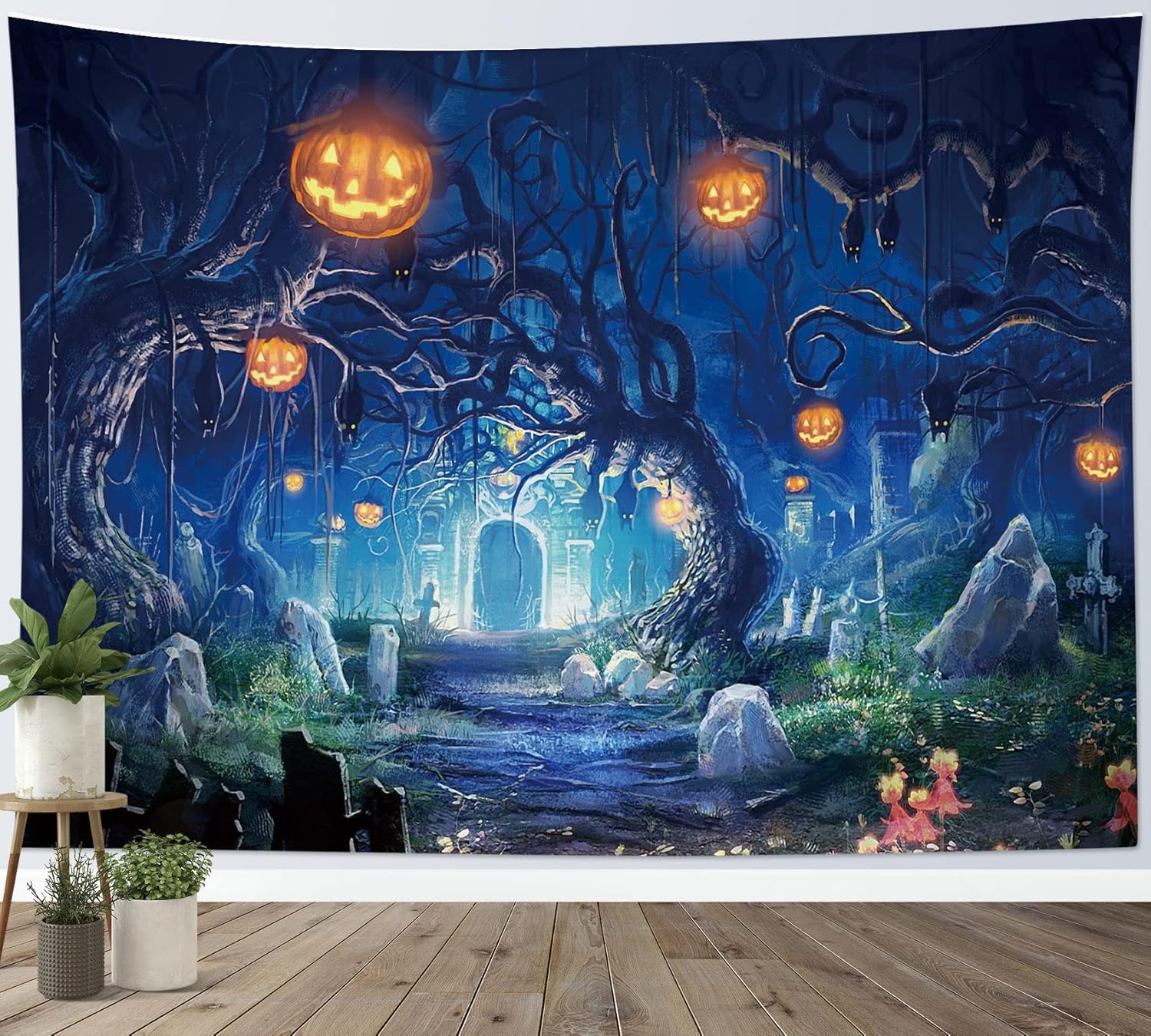 Tapestries - HVEST Halloween Tapestry Night Tapestry Wall Hanging Haunted Woods with Grave and Pumpkins Wall Blanket for Bedroom Living Room Dorm Decor,60W X 40H inches