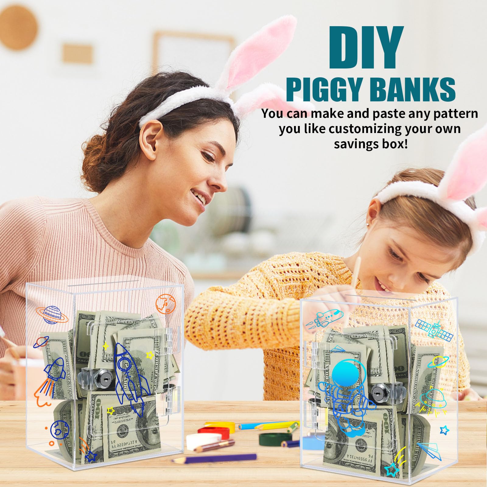 ETPlanet Clear Acrylic Piggy Bank for Adults Kids, Large and Sturdy Money Saving Jar for Cash Coin with Key Change jar, Saving Box for Wedding, Birthday, New Year Gifts and Fun (Clear)